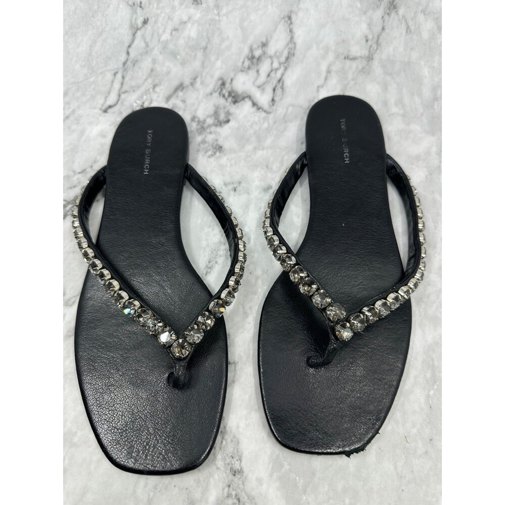 Tory Burch Black Leather Crystal Flat Thong Sandals Rhinestone Flip Flop Size 9M
